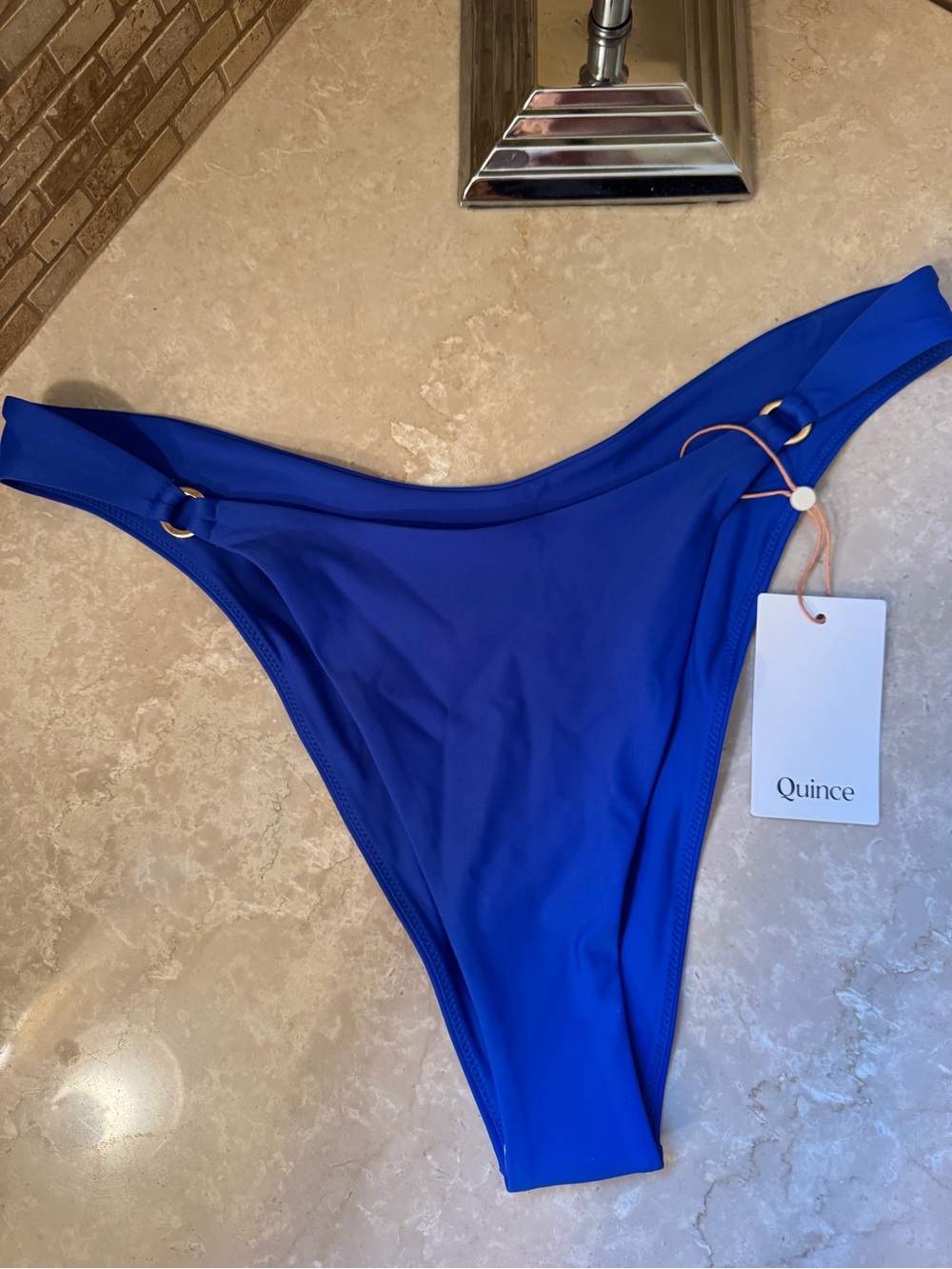 Quince Cobalt Blue High-Cut Bikini Bottom with Gold Rings (1/20)